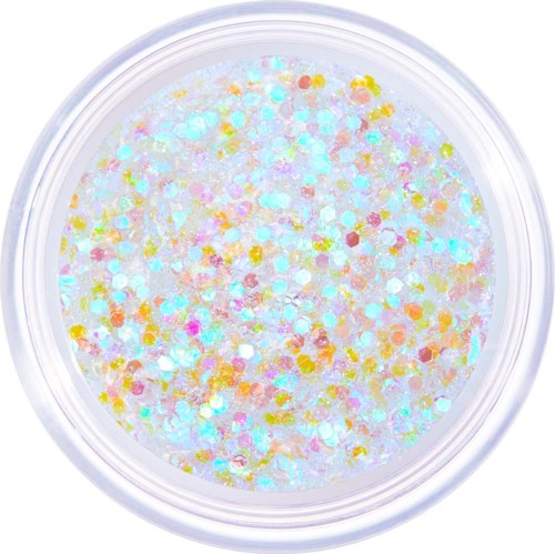 A container filled with iridescent, colorful glitter particles that shimmer and reflect light.