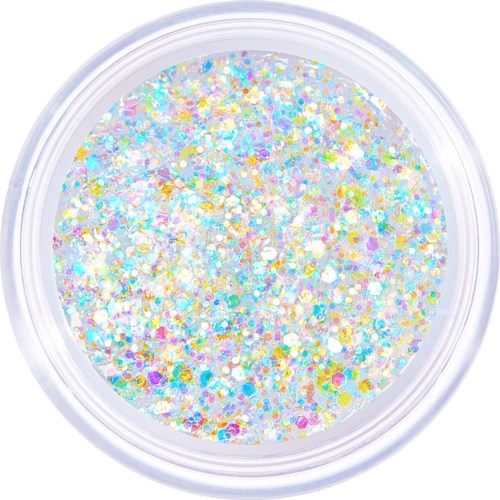 Small, colorful glitter with holographic shine inside a clear container.