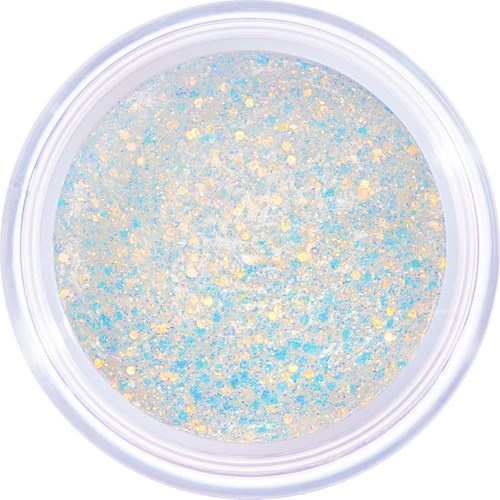 Shimmering glitter with pastel blue, white, and yellow colors in a clear container.
