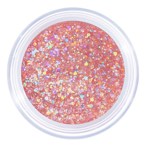 Shimmerende roze glitter met veelkleurige vlekken in een doorzichtige container.