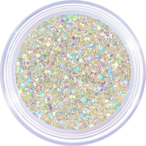 Een ronde container gevuld met glanzende, meerkleurige glitter. De glitter weerkaatst licht en ziet er sprankelend en levendig uit.