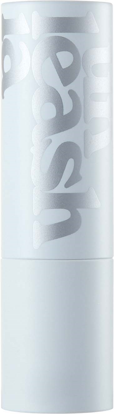 Een lange witte fles met subtiele, abstracte grijze vormen aan de bovenkant.