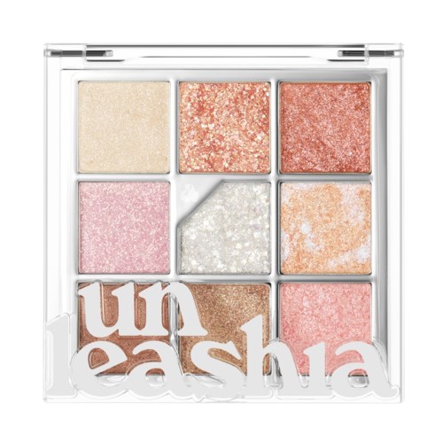 Eine Make-up-Palette mit neun Glitter- und matten Tönen in Pink, Beige, Pfirsich und Bronze, mit einem Teil des "unash"-Aufklebers.
