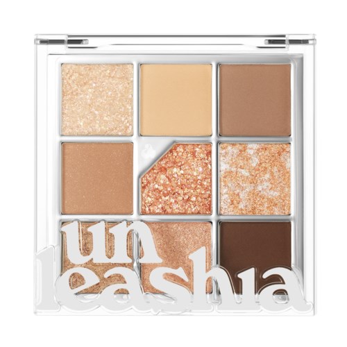 Eine Palette mit sechs verschiedenen Beigetönen, Brauntönen und Schimmer, angeordnet in einer Quadratform mit dem Markennamen 'uneash'.