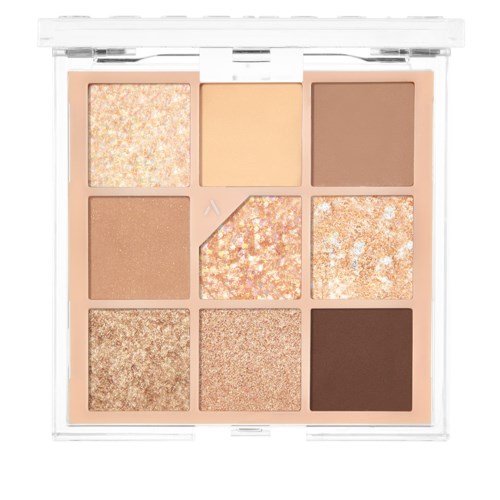 Ein Make-up-Palette mit neun verschiedenen Tönen, einschließlich Glitzer, Matten und Schimmernden in einer transparenten Hülle.