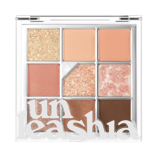 Een palette met 9 oogschaduwtinten, glanzend en mat, in beigetinten, roze en bruintinten.