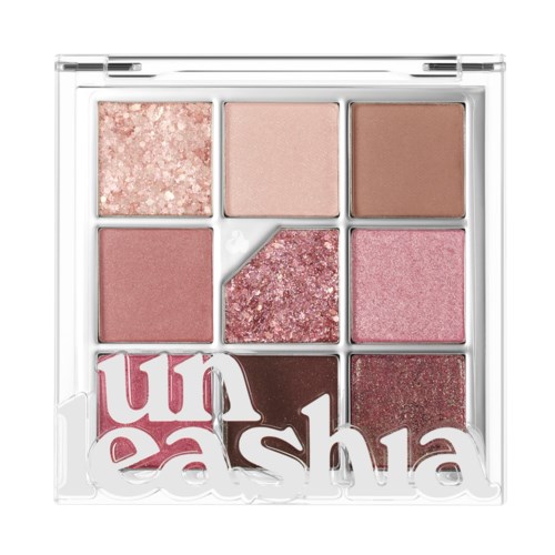 Eine Lidschattenpalette mit sechs rosafarbenen und braunen Tönen, klarer Abdeckung und "unapasha"-Aufschrift.