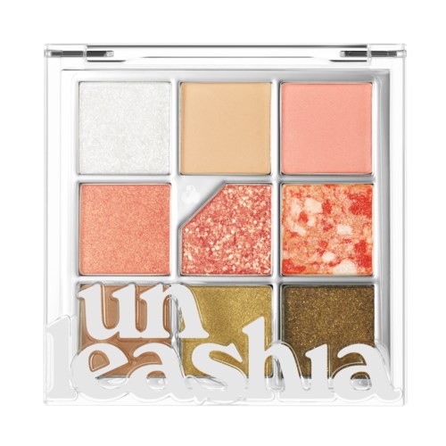 Sechs Lidschatten in einer Palette mit Weiß, Pfirsich, Rosa, Koralle, Glitzer und Gold. "unEashA" Text vorne.