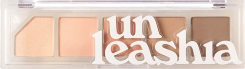 A makeup palette with four shades, from light peach to dark brown, with a clear lid showing brand name Unleasha.