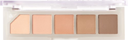 A makeup palette with five shades from light to dark, arranged in a row inside a clear case.