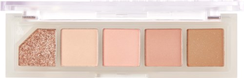 Een make-up pallet met vijf kleuren, van glitter tot zacht roze tot beige en bruin. In doorzichtig plastic doos.