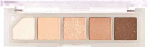Een neutrale oogschaduwpalette met vijf tinten van licht tot donker, inclusief matte en glanzende opties.