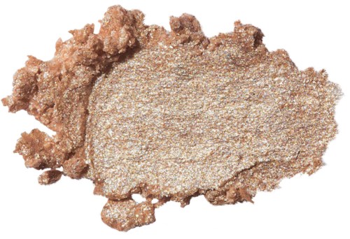 This is a baked mineral eyeshadow with a shimmery, light brown color and a rough, textured surface.