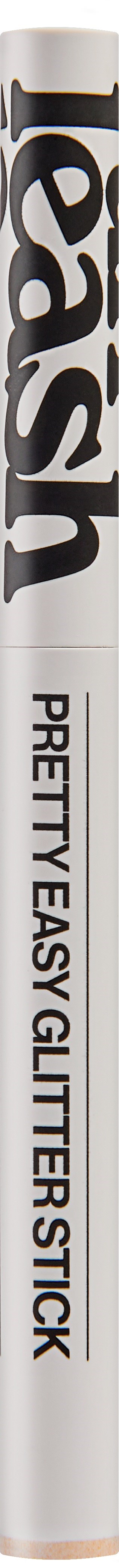 Een witte marker met zwarte tekst, gelabeld 'PRETTY EASY GLITTERSTICK' en een groot woord 'Lash'.