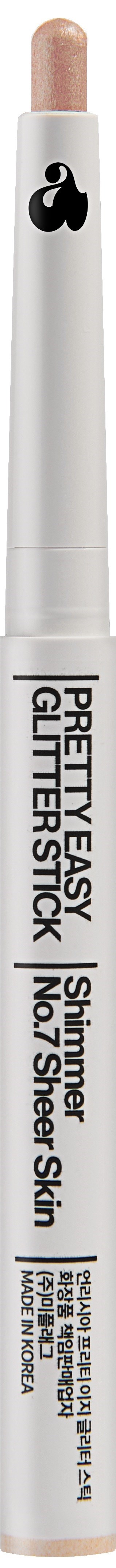 Een wit cosmetisch stick met zwarte tekst en een klein berenlogo op de dop. Het is een huidglansstick.