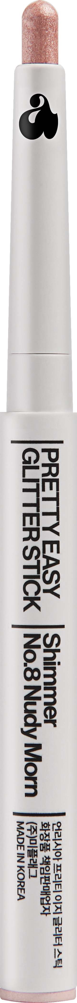 Witte oogpotlood met roze punt, met tekst 'Pretty Easy'.