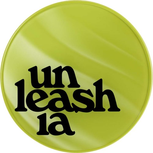 A green circular button with black text reading "un leash la" in a playful, bold font.