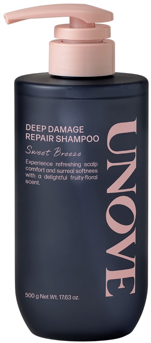 Zwarte shampoo fles met roze pomp, gelabeld als 'UNON' Deep Damage Repair, Sweet Breeze geur, 500g.
