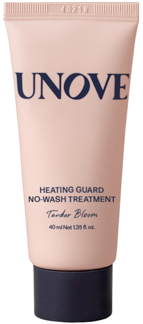 Een roze tube met 'UNOVE' en zwarte en blauwe tekst voor huidcrème. Het heet Heating Guard No-Wash Treatment.