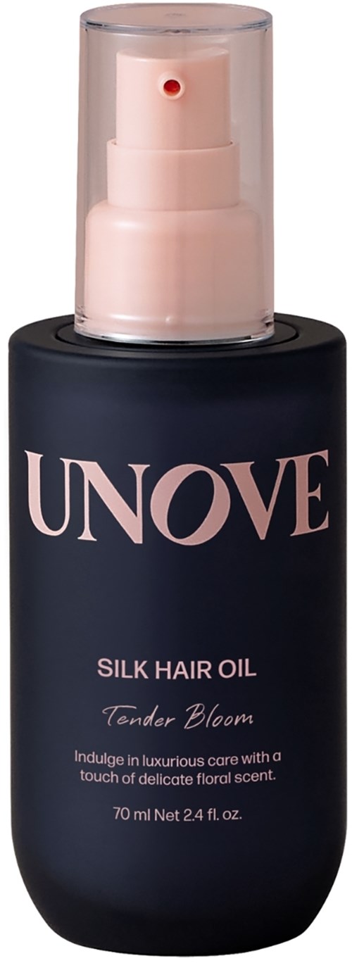 Flesje UNOVE Silk Hair Oil met roze en zwarte verpakking, geëtiketteerd als Tander Bloom geur, 70 ml.