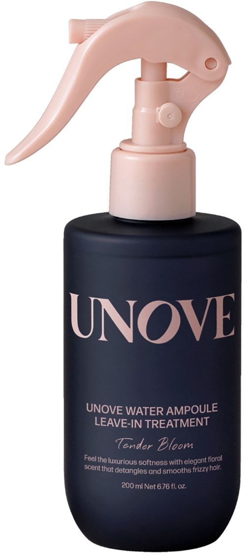 Een donkere fles met spraydop, met label "UNOVE," bevat leave-in haarverzorging genaamd "Tender Bloom."