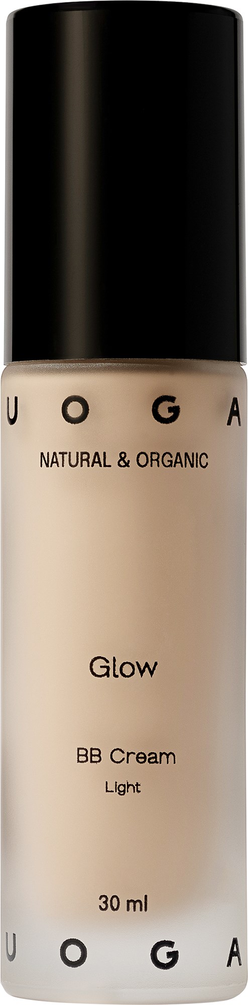 En beige flaska med svart lock innehåller glow BB-kräm, märkt 'Ljus' och 'Naturlig & Organisk.'