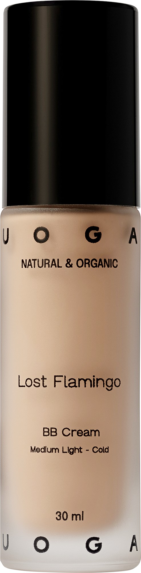 En tub med foundation med svart lock och beige flaska, märkt 'LOUGA' och 'Lost Flamingo,' mellantät ljus nyans.