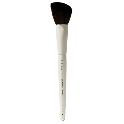 Ein Make-up-Pinsel mit schwarzen, flauschigen Ende und weißem Griff, beschriftet mit "Beauty & Colour".