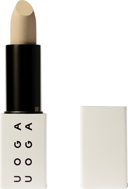 Ein weißes Lippenstiftgehäuse mit schwarz-weiß Verpackung, der Deckel ist abgenommen und zeigt den beigen Lippenstift.