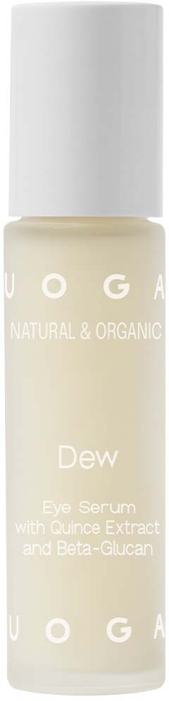 A small white bottle with a white cap labeled 'Dew' eye serum, contains guarana extract and beta-glucan.