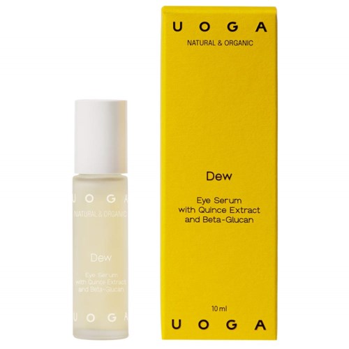 A small white bottle and a yellow box, both labeled with "UOGA" and "Dew," indicate a skincare product.