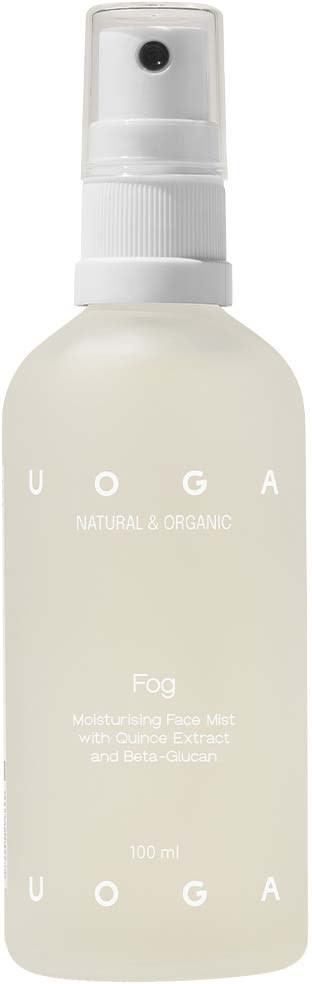 En hvit sprayflaske merket 'UOGA', naturlig og økologisk, for fuktgivende ansiktsvann, 100 ml størrelse.