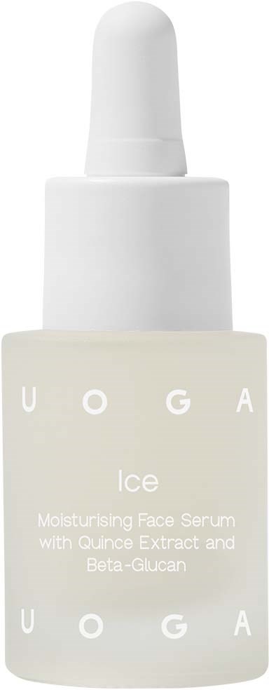 A white bottle with a dropper cap, labeled 'UOGA Ice Moisturising Face Serum'.