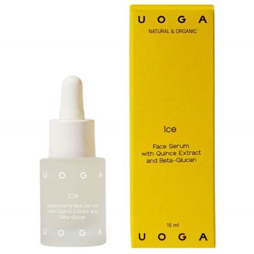 Yellow box and white bottle of UOGA Ice face serum with dropper. Serum contains quince extract and beta-glucan.