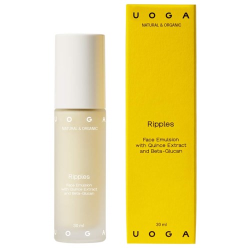 Eine Hautpflegeflasche und eine leuchtend gelbe Box mit der Beschriftung UOGA, Ripples Gesichts-Emulsion mit Extrakten, 30 ml.