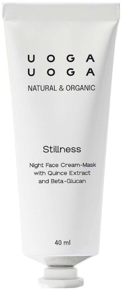 A white tube labeled with black text, called Stillness, a night face cream-mask with organic ingredients, 40 ml.