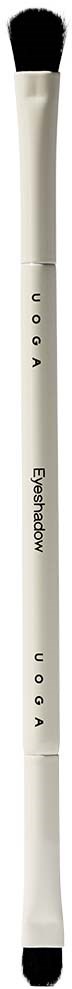 Ein doppelseitiger Make-up-Pinsel mit schwarzen Spitzen auf weißem Griff. Der Griff hat Text. Wird für Make-up verwendet.
