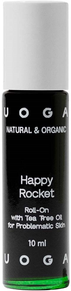 A small black roll-on bottle with a white cap, labeled 'Happy Rocket' and 'Tea Tree Oil'.