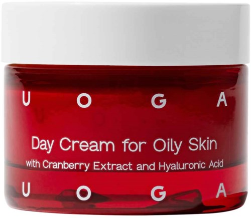 Red jar with white lid, label says 'Day Cream for Oily Skin' with cranberry and hyaluronic acid.