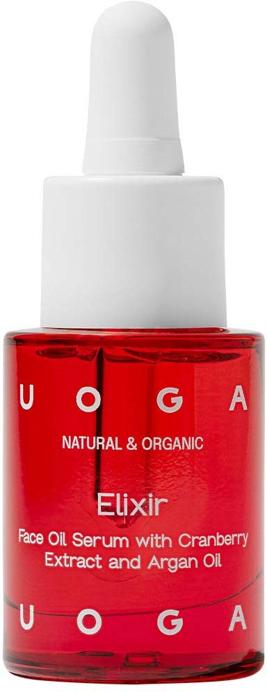 Red bottle of face oil serum with dropper, labeled 'UOGA Elixir' with cranberry and argan oil ingredients.