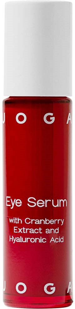 Red bottle of eye serum with a white cap, labeled with ingredients and brand, mainly for skincare.