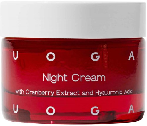 Red jar with white lid, labeled 'YOGA Night Cream with Cranberry Extract and Hyaluronic Acid.'