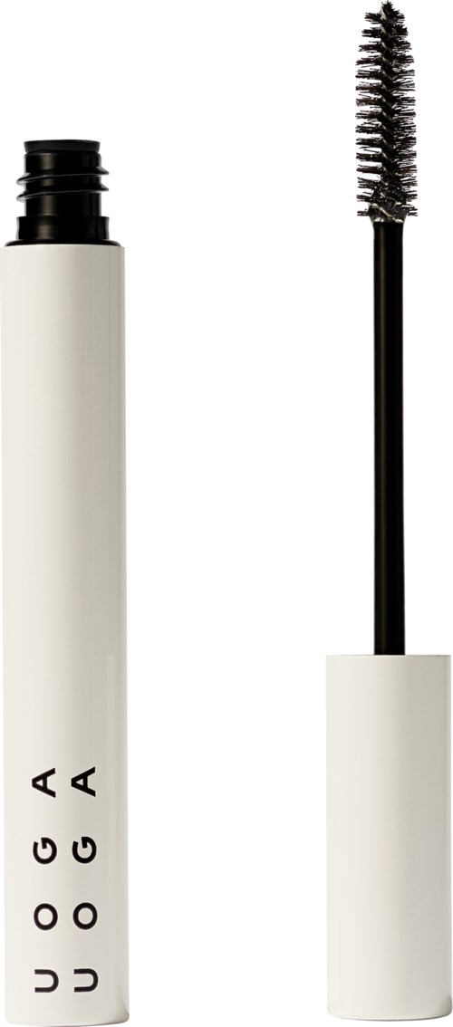 Ein weißer Mascara-Tubus mit einem schwarzen Bürstchen daneben.