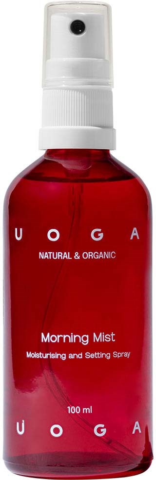 Rote Sprühflasche mit 'UOGA Morning Mist, Feuchtigkeits- und Fixierspray, 100 ml.'