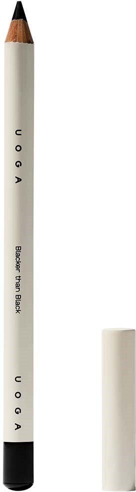 Ein weißer Bleistift mit schwarzer Spitze und Radiergummi, beschriftet 'UOGA' und 'Black for Black'.