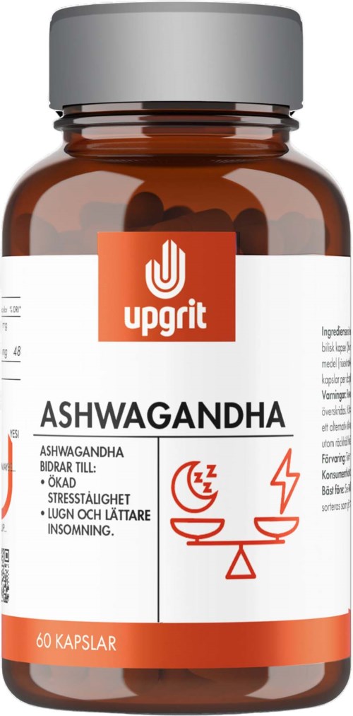 Flasche mit Ashwagandha von Upgrit, Symbole für Schlaf und Energie, 60 Kapseln.
