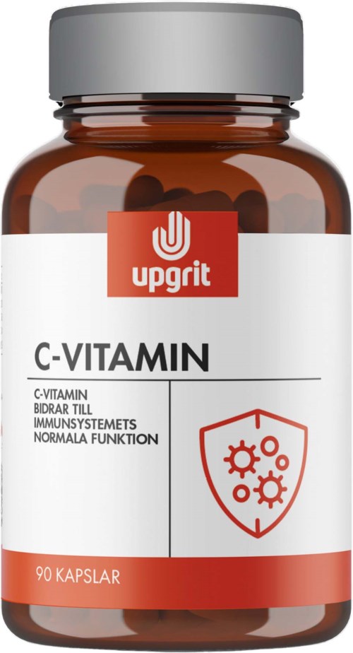 A brown bottle labeled 'C-VITAMIN' with 90 capsules, designed to boost the immune system and normal body functions.