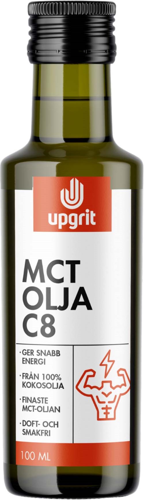 Small green bottle with a label saying Upgrid MCT oil, coconut flavor, 100ml.