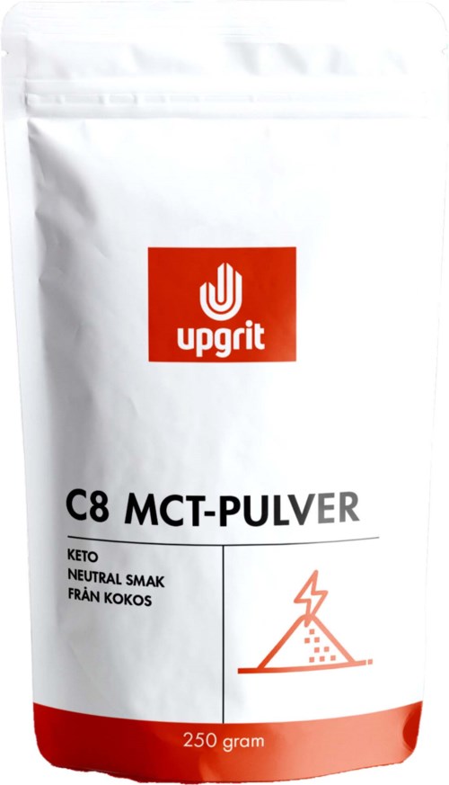 White bag with red label 'upgirt,' contains C8 MCT powder for keto diet, coconut flavor, 250 grams.