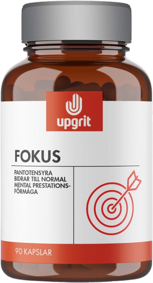 A bottle labeled "Upgrit FOKUS" contains 90 capsules, designed to support mental focus and clarity.